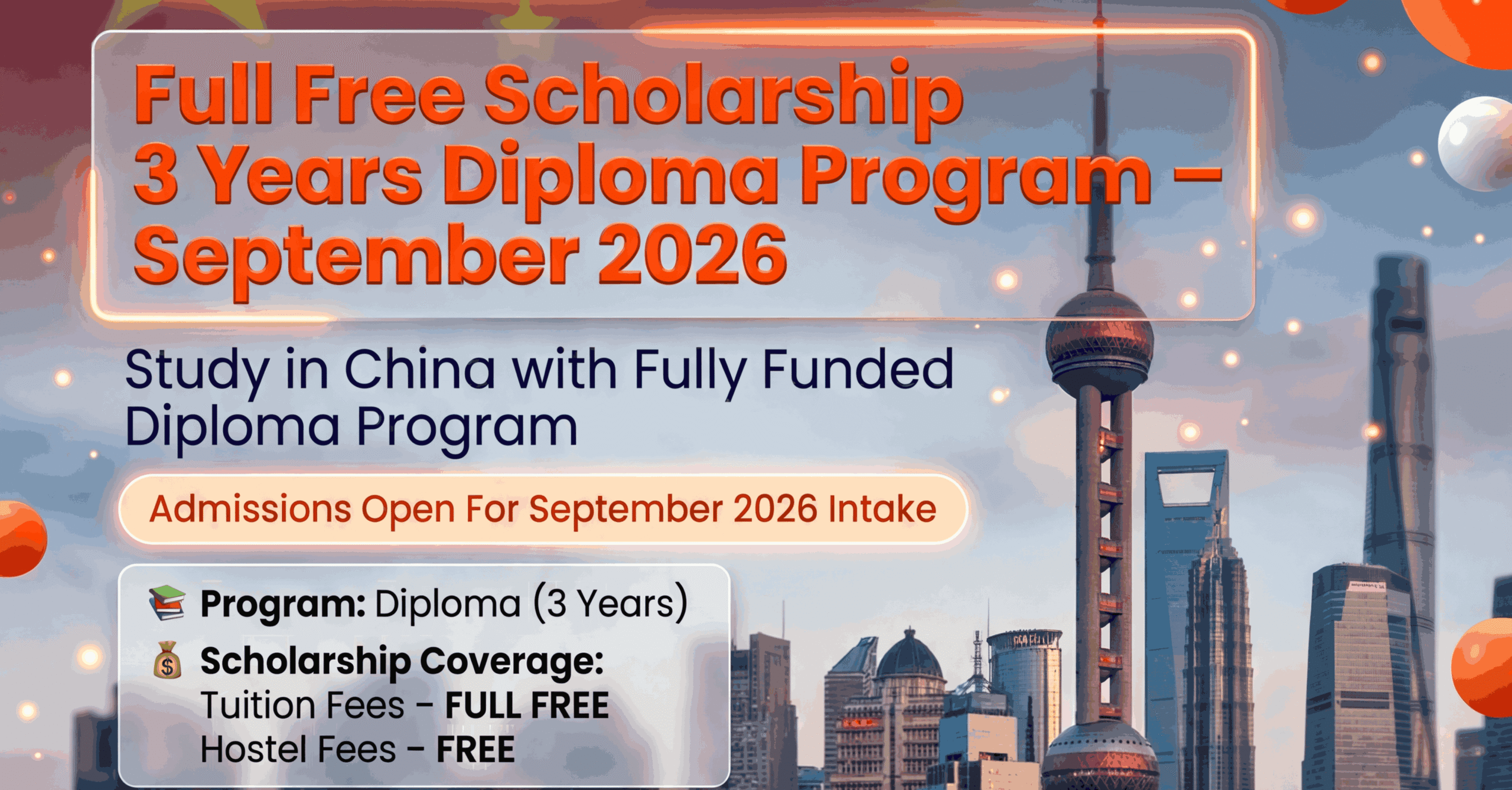 Full Free Scholarship – 3 Years Diploma Program in China